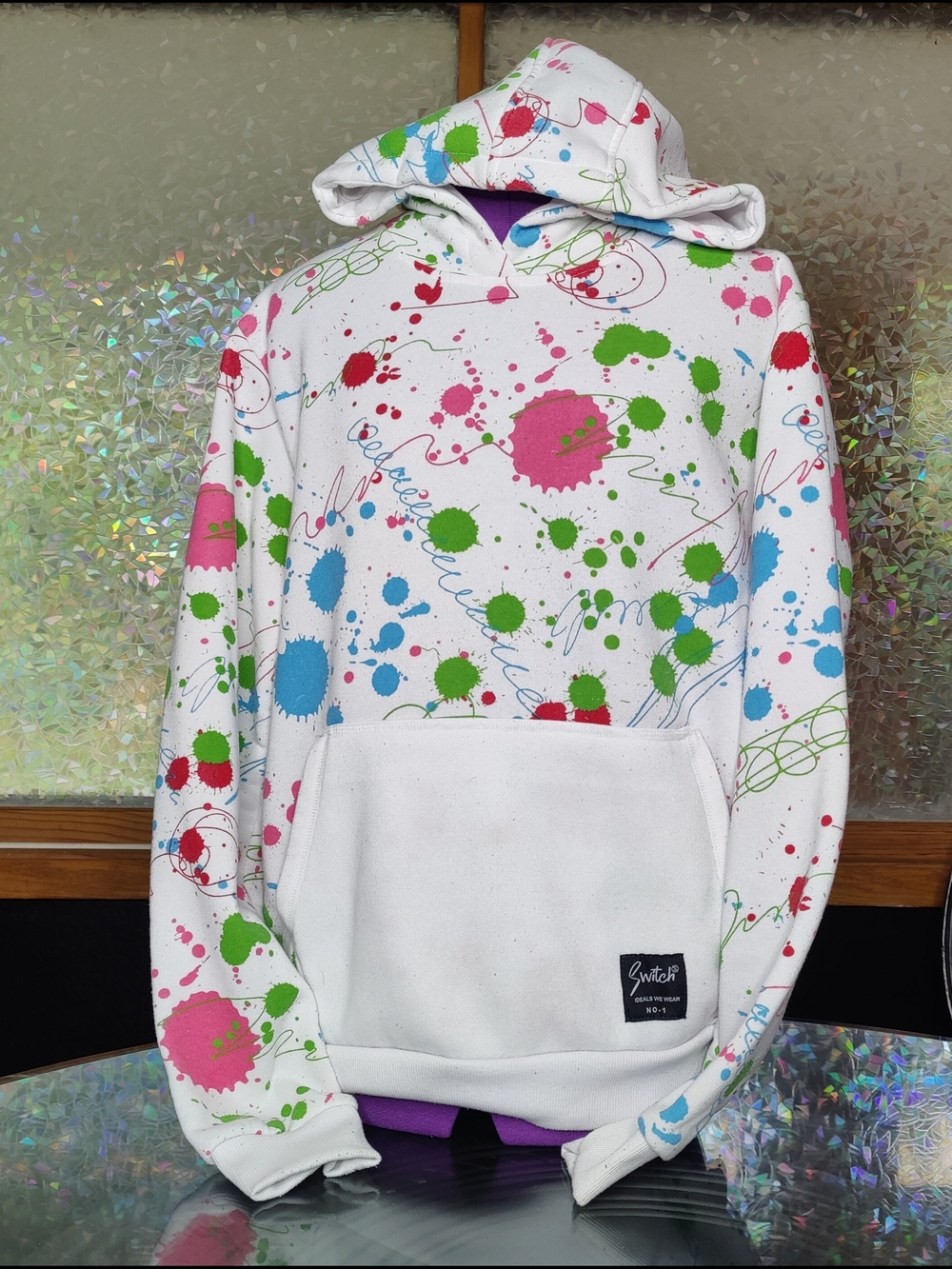 White Paint-Splatter Hoodie with Pink, Green & Blue Splatters